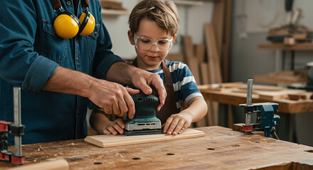 A Father and Son Together in a Workshop, Working on a Woodworking Project and Sanding a Piece of Wood