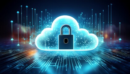 a cloud symbol with a padlock represents secure data storage and cybersecurity in a digital landscape