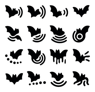 Silhouette bat icon set featuring echolocation, flight, night, cave, and mystery symbols