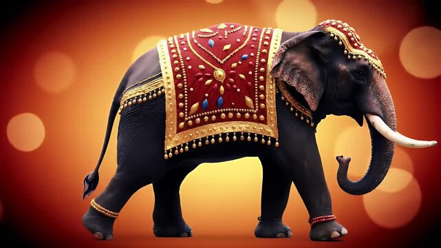 Majestic Indian elephant adorned in traditional red and gold ceremonial attire against a festive bokeh background