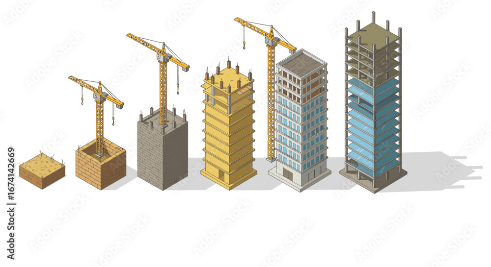 Poster isometric construction stages: skyscraper building process with cranes