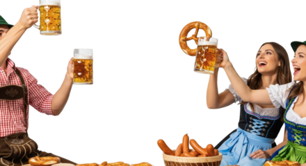 Celebrating oktoberfest with beer, pretzels, and traditional outfits