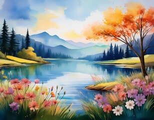 serene nature lake flowers trees watercolor painting artwork ai generated tranquil scenic botanical landscape