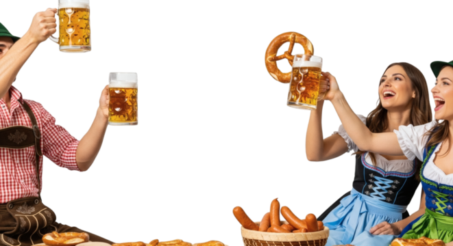 Celebrating oktoberfest with beer, pretzels, and traditional outfits - Powered by Adobe