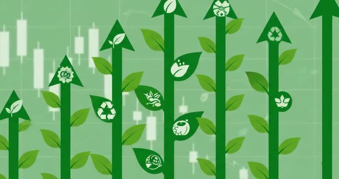 Green and sustainable development in the business sector, showcasing upward arrows symbolizing the growth and positive impact of environmental, social, and governance (ESG) practices.