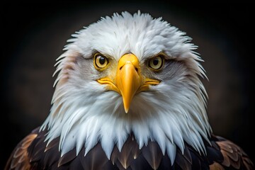 Obraz premium Close up portrait of a bald eagle with intense yellow eyes and a sharp beak against a dark background