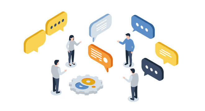Collaborative teamwork concept with isometric speech bubbles and people