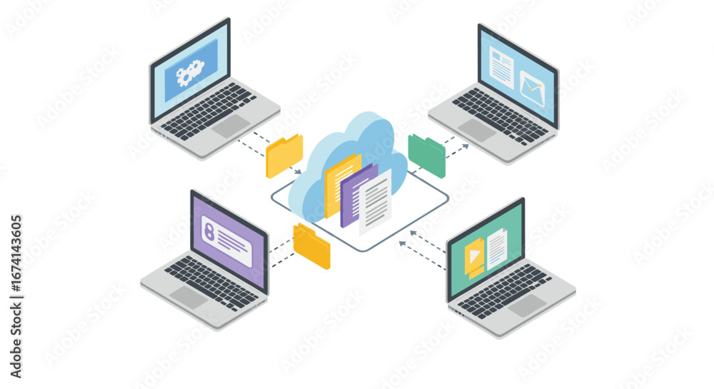 Poster isometric cloud computing with laptops and data folders