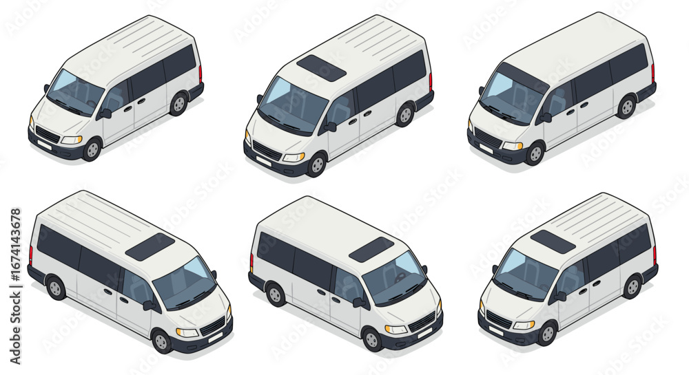 Poster isometric white van set in multiple angles for versatile design use