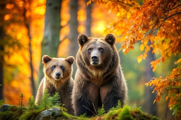 Obraz premium Two brown bears in a forest setting during autumn, with vibrant orange and yellow foliage in the background