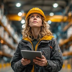 A girl in a yellow hard hat with a tablet works in a warehouse.