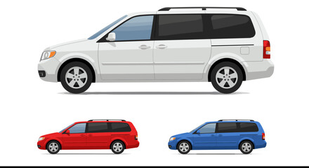 Realistic minivan side view in multiple colors: white, red, blue