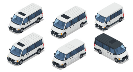 Isometric white passenger vans with variations in top view designs