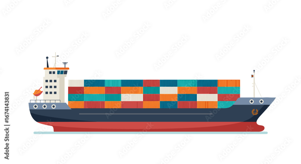 Poster flat container ship design with colorful cargo containers on calm sea