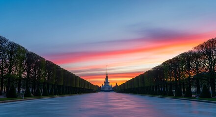Obraz premium Vectore illustration of grand avenue lined with trees leading to a distant palace under a vibrant sunset sky