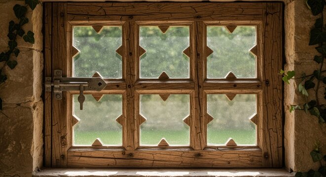 Old window with latch, natural light and greenery outside, rustic theme