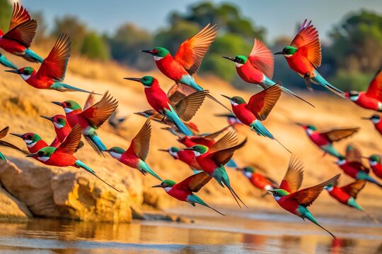 A flock of colorful beeeater birds in flight over a river at sunset