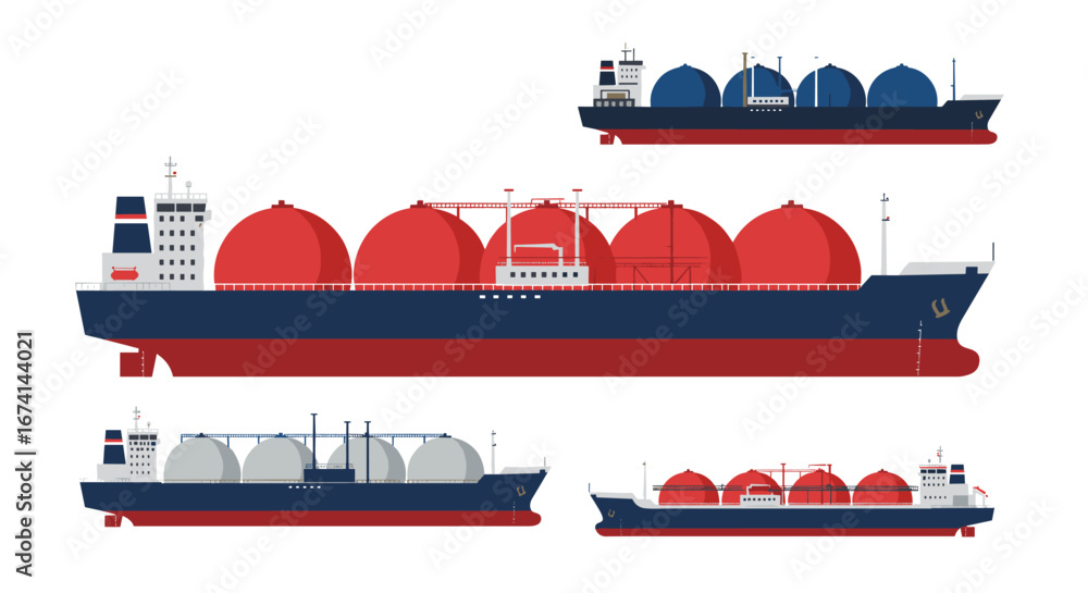 Poster flat design lng tankers set with red and blue color schemes for shipping and maritime concepts