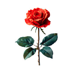 A vibrant red rose stands tall with rich green leaves 