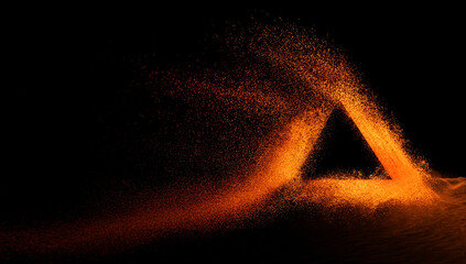 Generate an orange triangle on the right side of a black background, with sand particles floating around it, creating depth and dimensionality