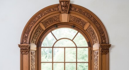Obraz premium Ornate arched window with carved wood trim and leafy patterns.