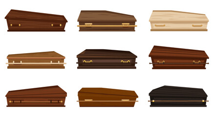 Naklejka premium Variety of wooden coffins: classic and modern designs in flat style
