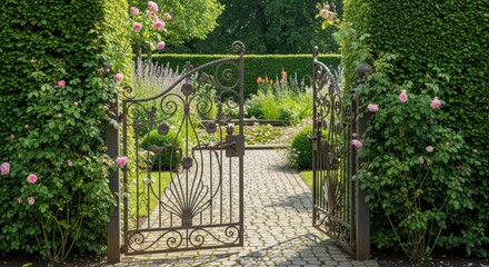 Ornate gate leading into a beautiful summer garden landscape