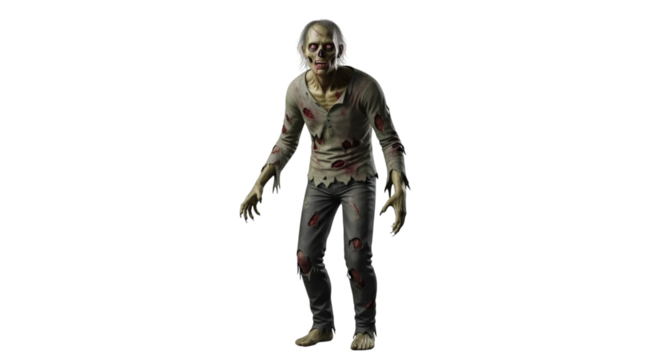 Spooky zombie character in tattered clothing on a dark black background