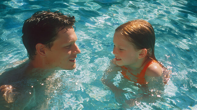 A joyful father and daughter share a playful moment in a sparkling pool, capturing the essence of summer fun.