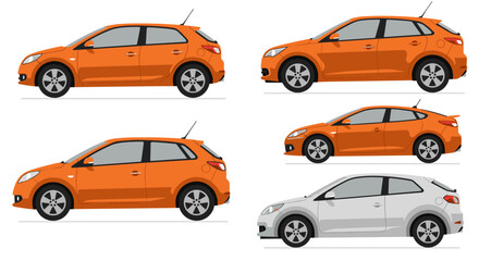 Fototapeta premium Set of orange and white hatchback car profiles with side views in flat style