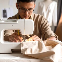 A focused individual expertly operates a sewing machine, meticulously crafting a piece of beige fabric.