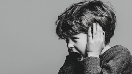 Child shouting and covering ears in black and white
