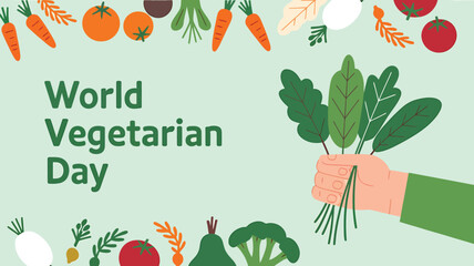 Vector art of world vegetarian day greeting with hand holding fresh vegetables and decorative border of produce