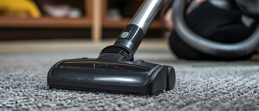 Close-up Vacuum Cleaner Cleaning Grey Carpet