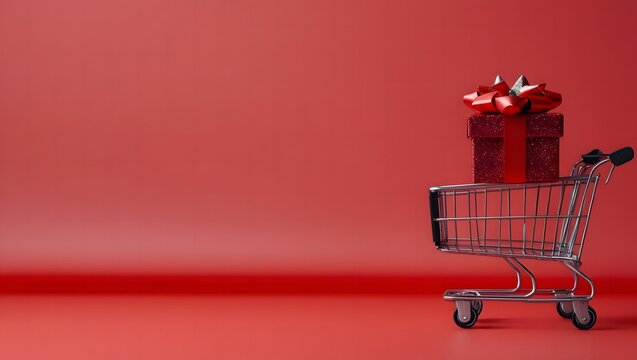 A minimalist festive photograph of a black shopping cart with a single red gift on a vibrant red background with ample negative space.
