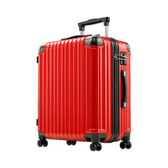 Vertical shiny red suitcase with black handles on transparent background stands tall