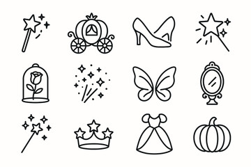 A whimsical collection of fairy tale vector icons including a magic wand, pumpkin carriage, glass slippers, a rose in a dome, butterfly wings, a mirror, a crown, a dress, and a pumpkin