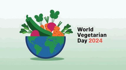 Vector art of world vegetarian day 2024 celebrated with fresh vegetables in a bowl shaped like the earth, promoting healthy eating and global awareness