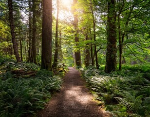 Obraz premium serene forest path sunlight illuminates a mystical woodland trail with tall trees and lush green undergrowth