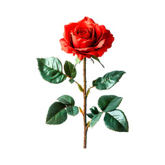 Naklejka premium Red rose blossom exhibits vibrant green leaves and long stem 