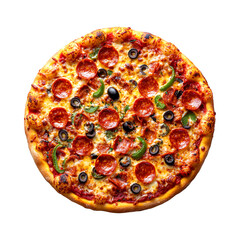 Freshly baked whole pepperoni pizza with green peppers and olives 
