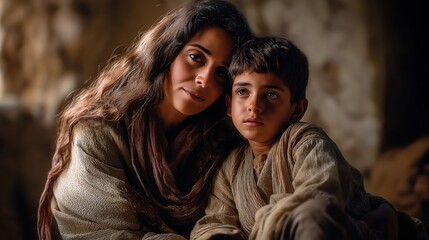 The Shunammite woman holds her resurrected son tightly, tears of joy on her face, sunlight streaming through the room, capturing the miracle of life restored.