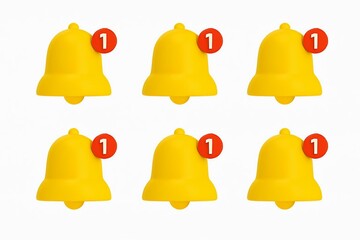 Six bright yellow notification bells with red alert badges displaying the number one