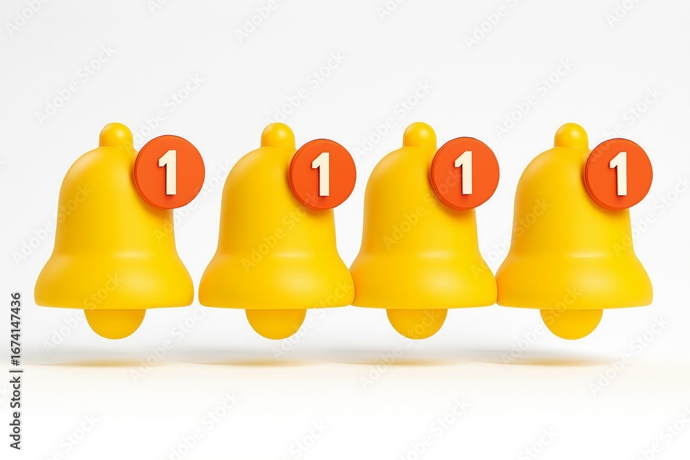 Poster four yellow notification bells with red circles and the number one inside against a white background