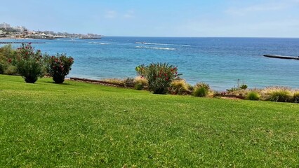 Experience the beautiful seaside view featuring a lush green lawn along with pristine clear water