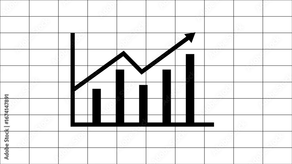 Poster black and white line graph with upward trending arrow and bar chart showing financial growth and pos