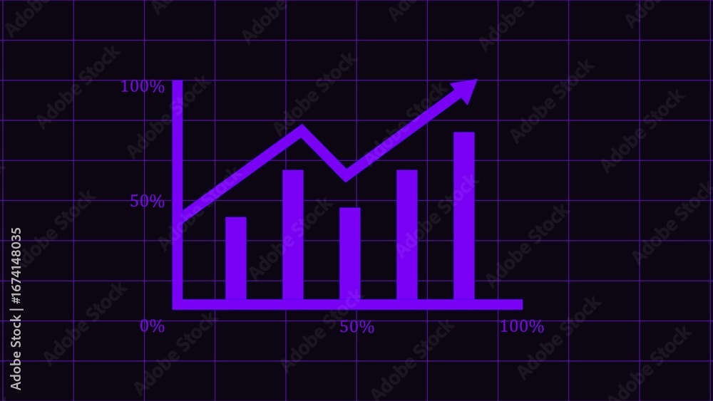 Poster abstract glowing purple bar chart and line graph showing upward trend on dark background