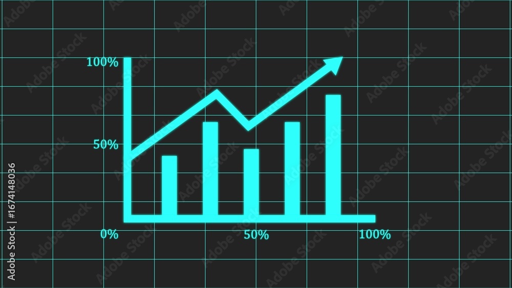 Poster bright cyan upward trend bar chart with arrow showing growth and progress on dark background