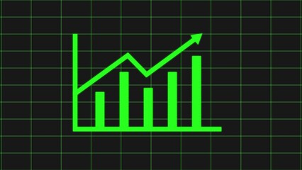 Green upward trending bar chart with arrow indicating financial growth and positive market performance