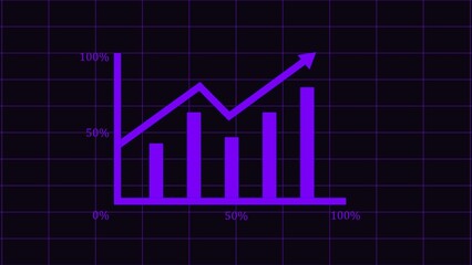 Abstract glowing purple bar chart and line graph showing upward trend on dark background